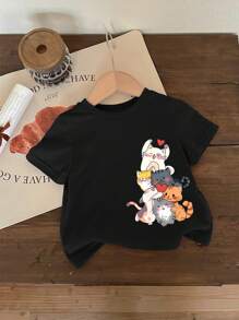 SHEIN Leap Crew Baby Girl Casual Simple Cat Print Short Sleeve Round Neck Top, Suitable For Summer - Black - View 1