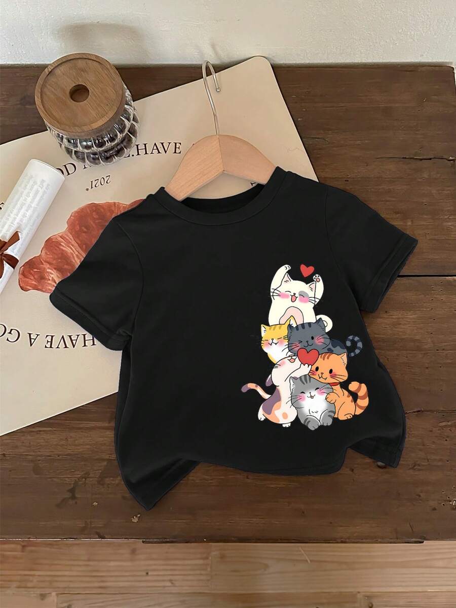SHEIN Leap Crew Baby Girl Casual Simple Cat Print Short Sleeve Round Neck Top, Suitable For Summer - Black - View 1