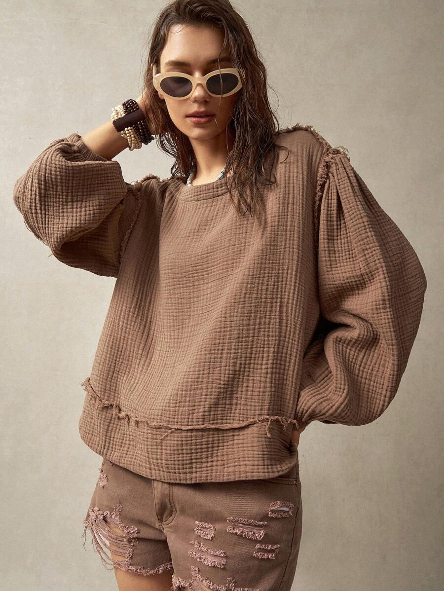 Bohemela Women's Autumn Puff Sleeve Vacation Shirt - Brown - View 1