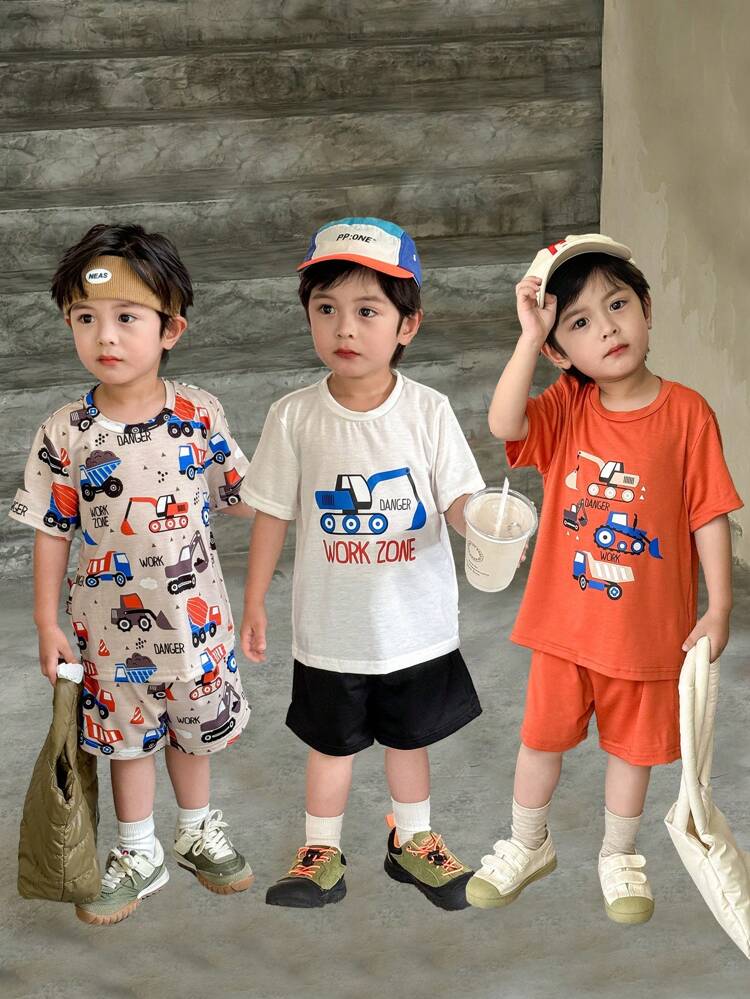 Young Boy 2pcs/Set Cute Car Printed Mix & Match Casual Daily Comfortable Excavator Outfits, Suitable For Summer Brother Matching Fun Cartoon
