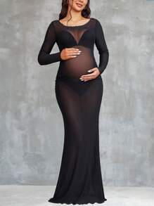 孕妇网状透明性感长袖连衣裙拍摄道具 - 黑色 - 查看 1