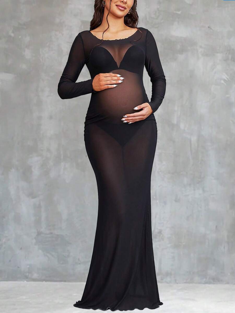 孕妇网状透明性感长袖连衣裙拍摄道具 - 黑色 - 查看 1