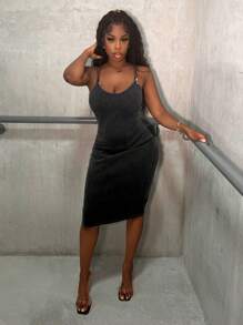 Slaydiva Casual Black Washed Rib-Knit  Middle Bodycon Cami Dress