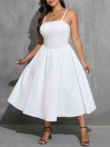 SHEIN Essnce Vestido blanco sin mangas para mujer de talla grande con escote cuadrado y línea A con ajustador de cintura - Blanco - Ver 4