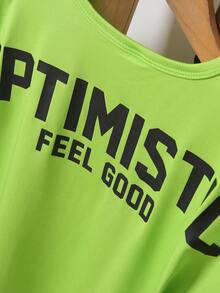 Camiseta de punto verde fluorescente para niños jóvenes con gran letra impresa en la parte trasera, adecuada para salidas casuales de verano - Verde - Ver 4