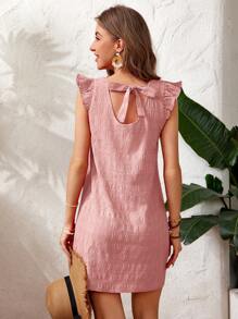 SHEIN VCAY Vestido corto rojo con textura de burbujas sólido con mangas abullonadas - Rosa - Ver 3