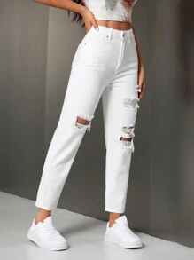 SHEIN Women's Pocketed Ripped Tapered Casual Jeans - White - View 4