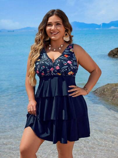 Swim Lushoire 大码女式印花简约日常无袖比基尼夏季