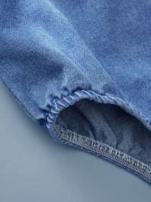 SHEIN 2pcs Baby Boy Vintage Print Denim Bib Pants & Short Sleeve Shirt Set, Summer