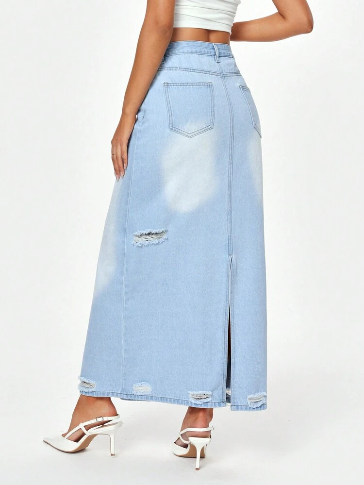 Women's Fashionable High Waist Light-Colored Distressed Denim Skirt, Summer