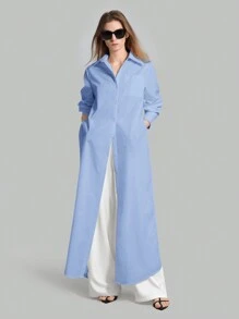 Ontre New 2026 Spring/Summer Women's Casual Loose Vacation Matching Shirt, Blue Long Shirt, Women's Shirt, Women's Button-Up Shirt, Commuting, Summer Business Casual Women's Vacation Beach Birthday Party Outfit, Women's Teacher Outfit, Light Blue Women's Office Wear Modern Urban Casual Fashion Business Casual Women's Office Wear Low-Key Old Money Style Effortless Temperament High-End Urban Commuting High-Quality Airport Women's Wear High-End Material - Blue - View 3