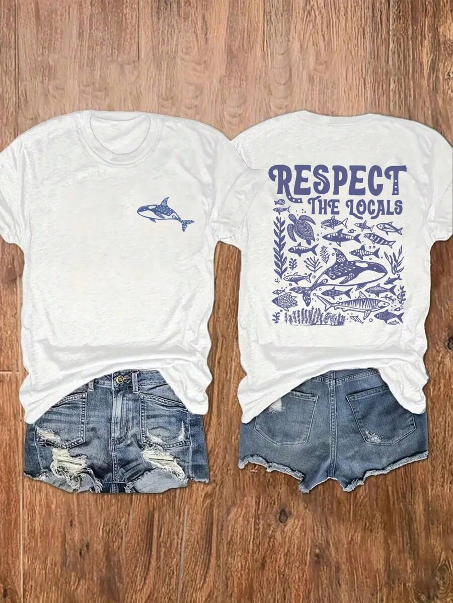 INAWLY 女士时尚海洋动物印花夏季 T 恤尊重当地人图案 T 恤女式上衣 - 白色 - 查看 1