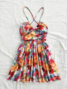 Soleia 女士度假风格亮色花卉印花深 V 露背系带荷叶边下摆连衣裙，适合婚礼、海滩、音乐节、夏季 - 彩色 - 查看 5