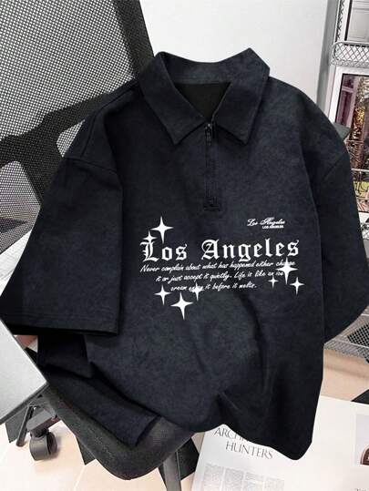 Manfinity Roghcode 男士夏季口号印花短袖休闲通勤领 Polo 衫，适合外出、学术