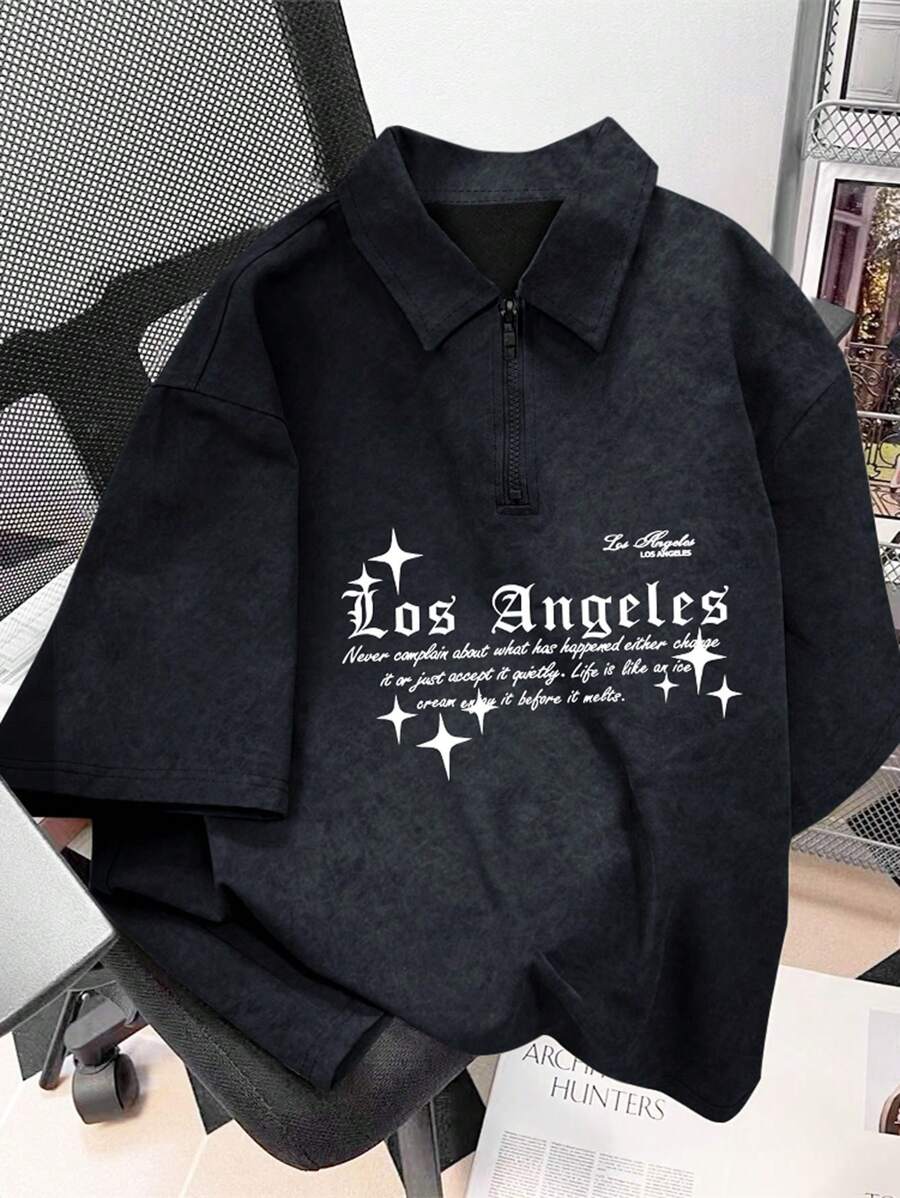 Manfinity Roghcode Men Summer Slogan Printed Short Sleeve Casual Commuting Collar Polo Shirt, For Going Out, Academia - Black - View 1