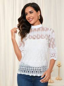 SHEIN Clasi Damenmoden für den Herbst, besticktes Mesh-Spitze-Hochzeits-Frenchy-Frauen-Old-Money-Stil-Lehrerin T-Shirt-Top