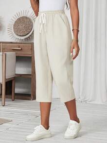 SHEIN LUNE 女士纯色简约休闲日常七分裤 - 杏色 - 查看 4