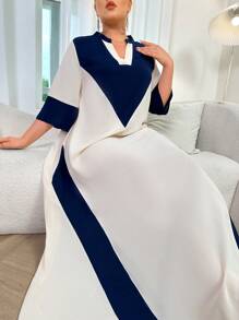 Al Najma Arabic Patchwork Short Sleeve Long Dress - Blue - View 4