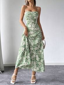 SHEIN Privé Robe d'été pour femmes, décontractée imprimée de plantes avec bretelles spaghetti