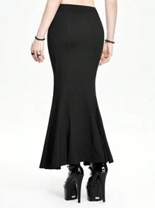 ROMWE Goth Women's Solid Color Simple Daily Tie-Waist Skirt - Black - View 2