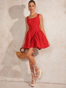L'Amorae Ruffle Hem Square Neck Solid Elegant Dress - Red - View 6