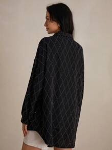 SHEIN Privé Áo sơ mi dài tay đính kim cương cổ bẻ phía trước dành cho nữ, trang phục công sở thanh lịch, giản dị, áo sơ mi cài nút cho nữ - màu đen - Xem 2