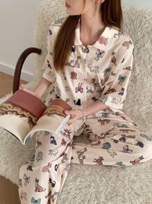 DAZY Cute Cat Allover Print Pajama Set - Yellow - View 8