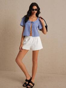 Poéselle Cotton Women's Solid Color Hollow Out Embroidery Elastic Waist Summer Casual White Shorts, Comfy Shorts, Cute Shorts, Lounge Shorts - White - View 2