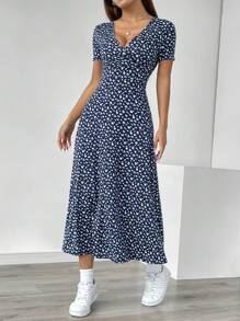 Flirla Petite Vestido de verano de manga corta con escote en V y estampado floral diminuto (corte aleatorio) para mujer, vestido largo para mujer - Multicolor - Ver 6