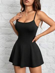 SHEIN PETITE Women's Sling A Hem Solid Color Pocketable Sports And Leisure Daily Anti-Exposure One-Piece Culottes - Black - View 6