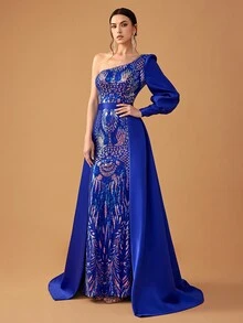 YISIKADO Women's Elegant Sequined One Shoulder Sleeve With Satin Cape Overlay Evening Party Dress