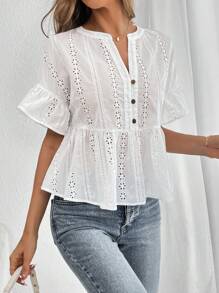 SHEIN Essnce 女款純色雕花上衣，V領設計，夏季短袖，荷邊下擺