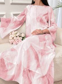 Al Najma 女式几何印花喇叭袖长款宽松传统朴素阿拉伯连衣裙 - 紅木色 - 查看 8