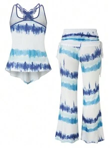 SHEIN LUNE Áo vest viền bất đối xứng in họa tiết cỡ lớn và quần dài Trang phục thường ngày mùa hè - màu xanh lá - Xem 2