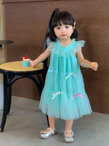 Baby Girls' Lake Blue Layered Mesh Tutu Dress With Heavy Embroidery Neckline, Perfect For Parties And Holidays - Mint Blue - View 3