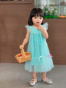 Baby Girls' Lake Blue Layered Mesh Tutu Dress With Heavy Embroidery Neckline, Perfect For Parties And Holidays - Mint Blue - View 4