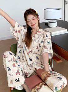 DAZY Cute Cat Allover Print Pajama Set - Yellow - View 6
