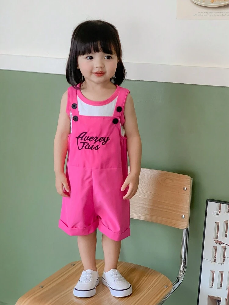 Baby Girl Sleeveless Crop Top And Overalls Shorts Set, Spring And Summer Sports And Leisure Outfit