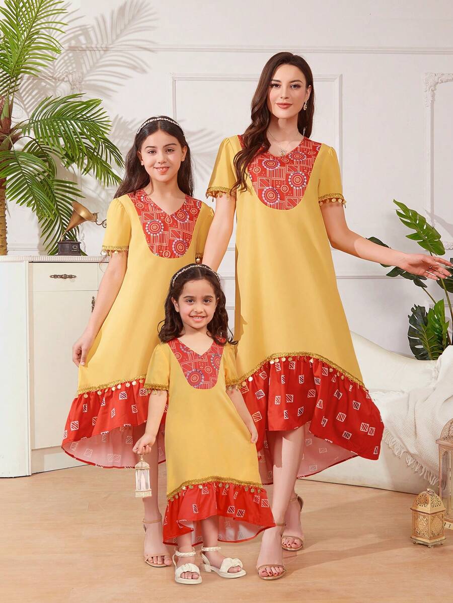 Girls' Summer Printed Dress With Lace Hem And Pendant, Mommy And Me Matching Outfits (3 Pieces Sold Separately) - Multicolor - View 1