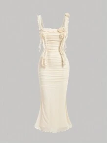 SHEIN MOD 米色綁身針織網紗連衣裙，帶有3D花朵裝飾和流蘇肩帶，中長款 - 杏色 - 查看 1