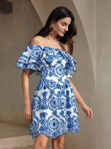 Anewsta Off Shoulder Ruffle Hem Double Layer Beach Vacation Dress