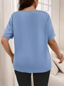 SHEIN Clasi 大碼純色褶皺短袖襯衫，簡單夏季上衣 - 淺藍色 - 查看 2