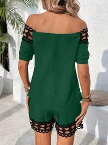 SHEIN LUNE Women's Basic Casual Two-Piece Set, Off-Shoulder Top And Shorts - Dark Green - View 2