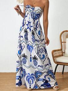 SHEIN VCAY Women's Sleeveless Allover Print Halter Neck Backless Summer Dress - Multicolor - View 5