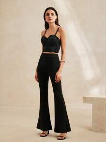 Anewsta 黑色蕾絲珠片和亮片修身胸衣上衣 - 黑色 - 查看 8