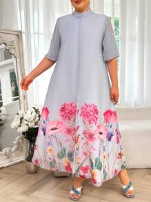 Al Najma Plus Size Women's Printed Simple Daily Clothing Dress - Blue - View 6