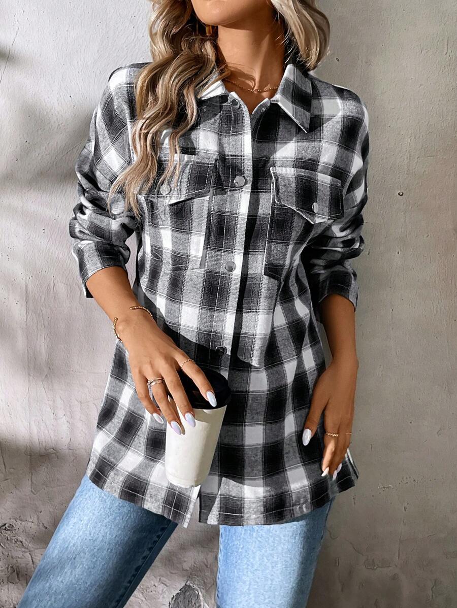 SHEIN LUNE Women's Regular Fit Black And White Plaid Casual Long Sleeve Jacket For Fall - Black and White - View 1