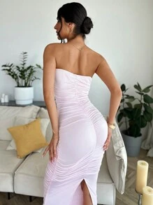 Firerie Women's Ruched Strapless Bodycon Dress With 3D Flower Details - Pink - View 1