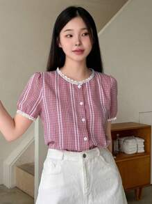 DAZY 女士夏季休闲格子泡泡袖衬衫、短袖上衣 - 紅色 - 查看 8