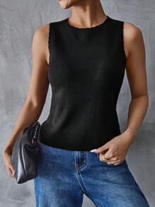 SHEIN Essnce Jersey sin mangas de punto de unicolor para mujer, prenda de vestir informal de verano, parte superior de punto de jersey en negro, ropa de vuelta al colegio, ropa de profesores - Negro - Ver 6